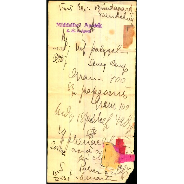 Recept - K.M. Lindgreen - Middelfarts Apothek - 14 - 4 - 1931