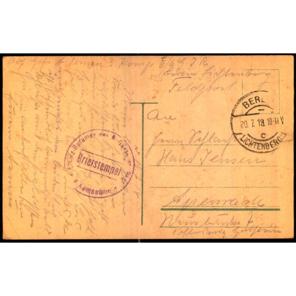 Feldtpost - 20 - 7 - 18 - Til Apenrade  - Forside : Berlin