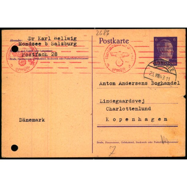 Censurkort fra Tyskland -  23 - 8 - 43 - Til Danmark - Arkivhuller !