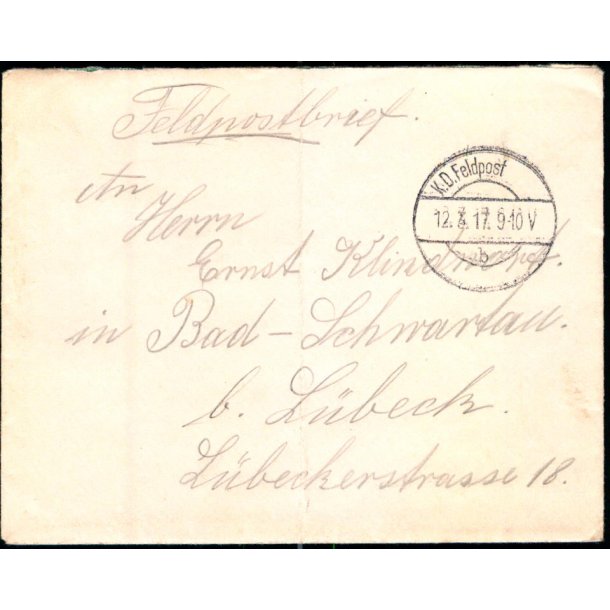 Feldpostbrev  - K.D. Feldpost.  12 -4 - 17  - Til Bad- Schwartau - Lbeck