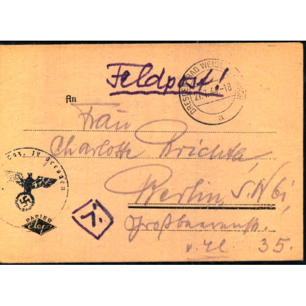 Tysk Feldpostbrev - Feldpoststempel  27 - 7 - 44 - Til Berlin