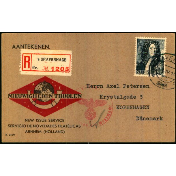 Rekomaderet - Censurpostkort fra Holland  1 -  - 44 - Til Danmark