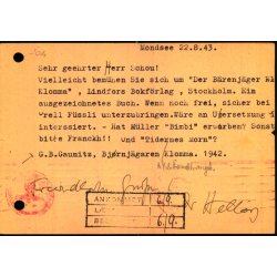 Censurkort fra Tyskland -  23 - 8 - 43 - Til Danmark - Arkivhuller !