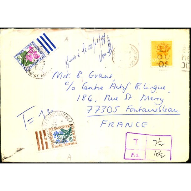 Efterporto - Brev fra England til Frankrig  22 - 6 - 1977 - Efterporto  T. 1,3