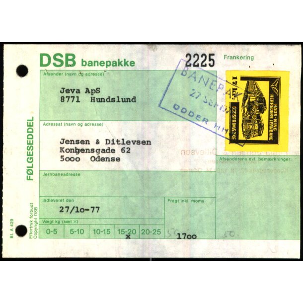 Banepakke DSB/Hads-Ning - Herreds Jernbane  - Flgeseddel - 27 - 10 - 77 - 1x17 Kr - Stemplet