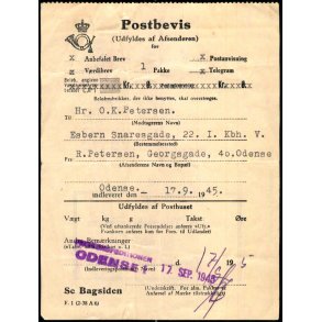 Postbevis - 1 Pakke - 17 - 9 - 1945