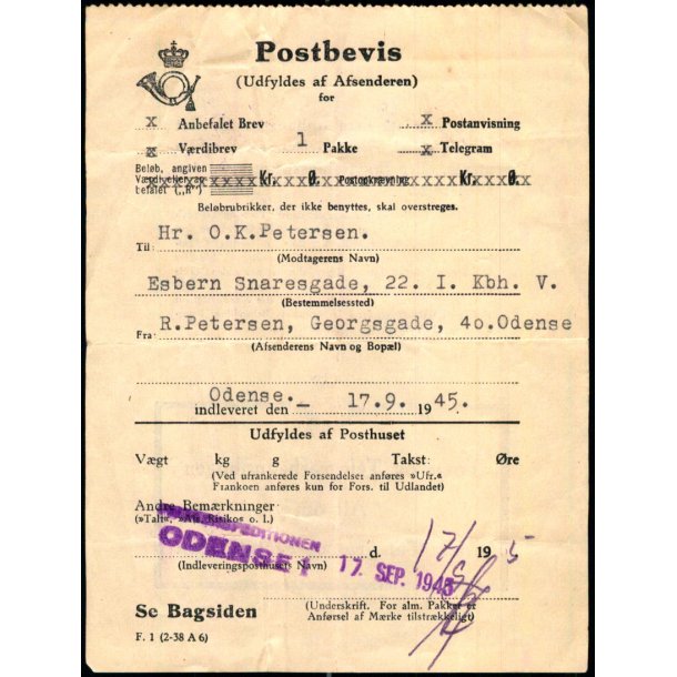 Postbevis - 1 Pakke - 17 - 9 - 1945