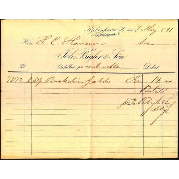 Joh. Bigler &amp; S�n - K�benhavn K - 1891