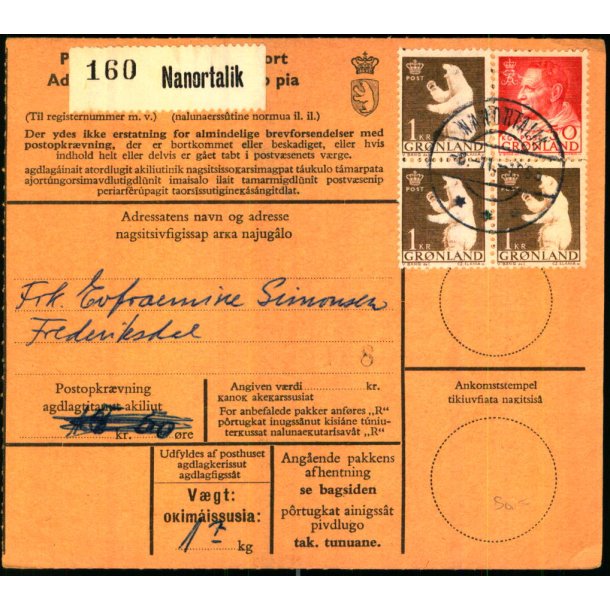 Adressekort fra Grønland  8 - 11 - 1965 - 3x1 kr - 1x 60 øre