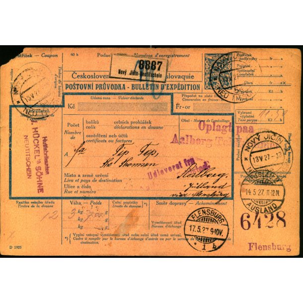 Adressekort fra Tjekkoslovakiet 13 - 5 - 27 - Oplagt p Aalborg Toldkammer m:m.