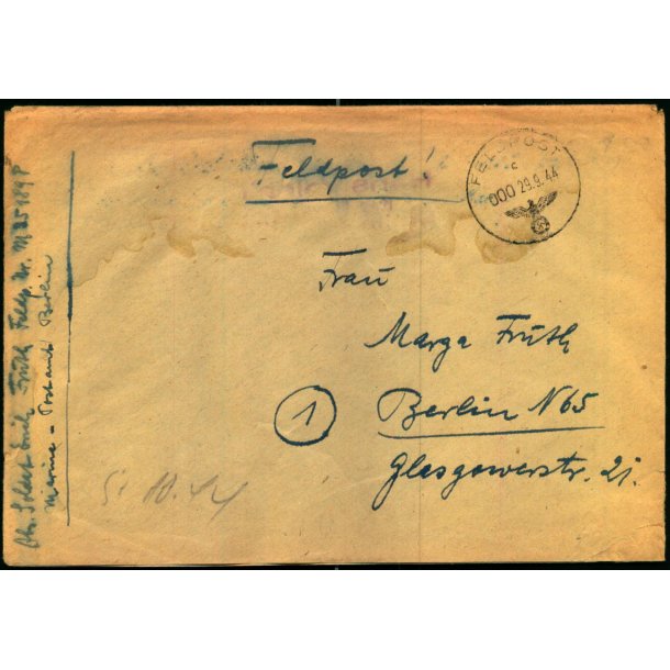 Tysk Feldpostbrev - Feldpoststempel 29 - 9 - 44 - Feldpost No. 35189 P - Til Berlin