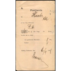 Postbevis - P. A.  - Kolding 6 - 9 - 1898