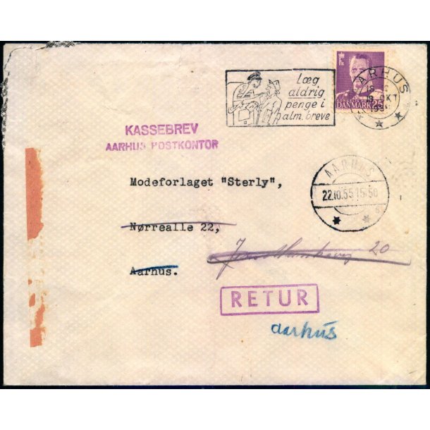 Brev til Aarhus 13. Okt. 1955  - Retur   - Kassebrev - Modtagelse Mgtet - Brugt