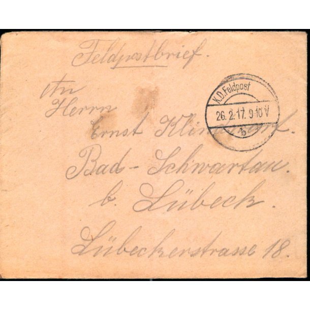 Feldpostbrev  - K.D. Feldpost.  26 -2 - 17  - Til Bad- Schwartau - Lbeck