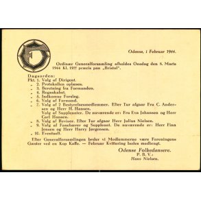 Ordinr Generalforsamling afholdes 8. marts 1944 - Odense Folkedansere - Helsagskort u/n - Ubrugt 