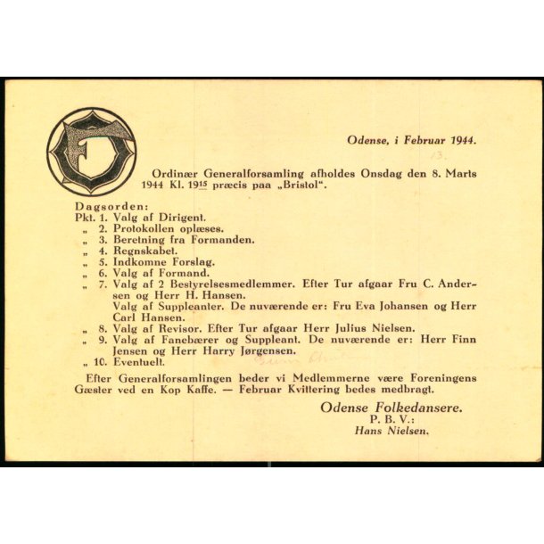 Ordinr Generalforsamling afholdes 8. marts 1944 - Odense Folkedansere - Helsagskort u/n - Ubrugt 