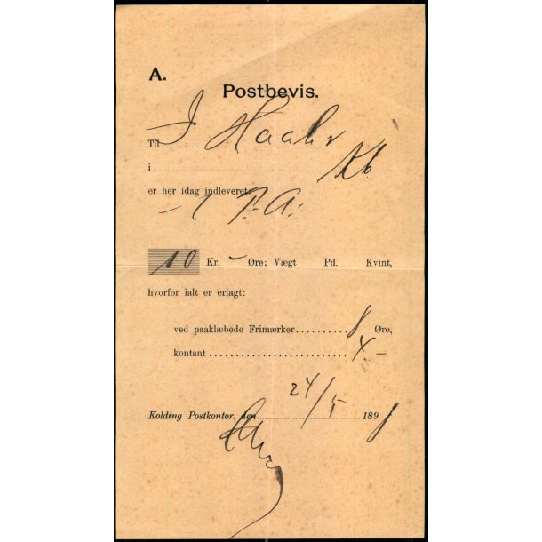 Postbevis - P. A.  - Kolding 14 - 5 - 1898