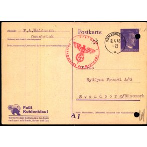 Censurkort fra Tyskland -  19 - 4 - 43 - Til Danmark