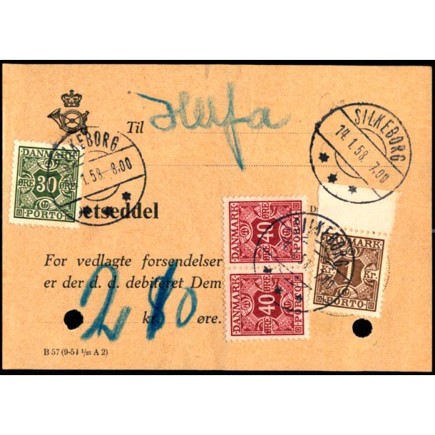  Efterporto - Debetseddel Silkeborg 14 - 1- 58 -  2 kr. 10 re - Arkivhuller!