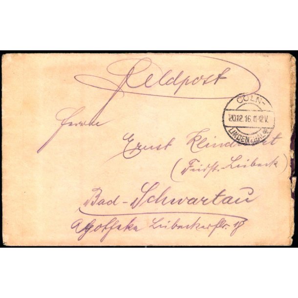 Feldpostbrev  - Coln  20 -12 - 16  - Til Bad- Schwartau