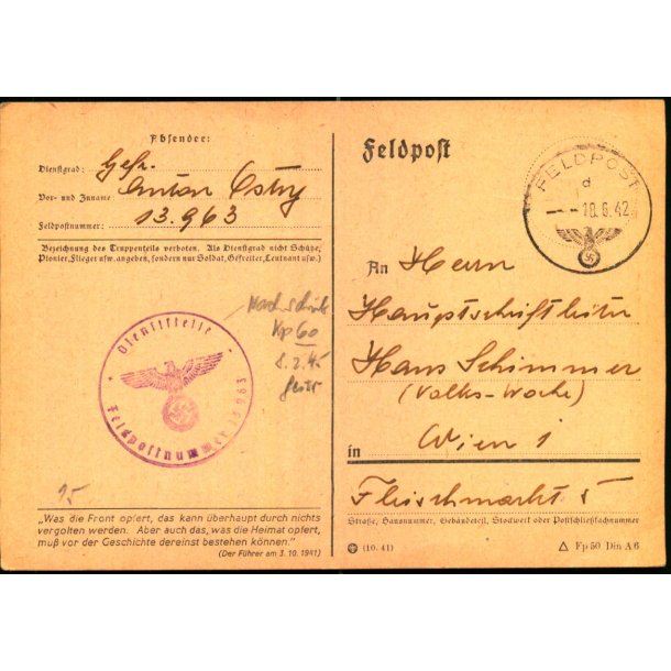 Feldpostkort - Feldpoststempel  18 - 6 - 42 - Til Wien 1 - Censur
