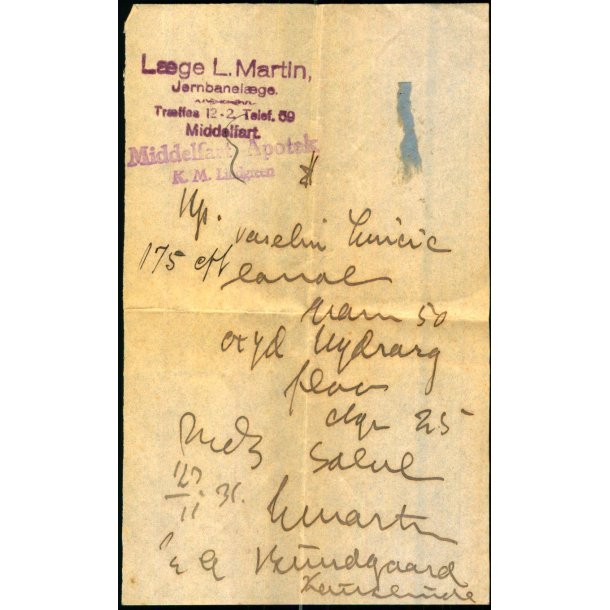Recept - L. Martin - Middelfarts Apothek - 27 - 11 - 1931