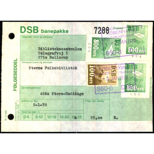 Banepakke DSB - Flgeseddel - 2 - 1 - 78 - 3x800 re - 1x100 re - Stemplet