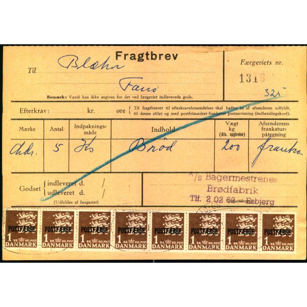 Fragtbrev - 8 x 1kr Rigsvben Prov.  - Fra Esbjerg til Fan ? - ?