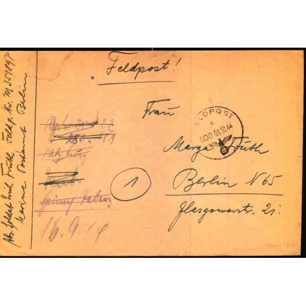 Tysk Feldpostbrev - Feldpoststempel 9 - 10 - 44 - Feldpost No. 35189 P - Til Berlin