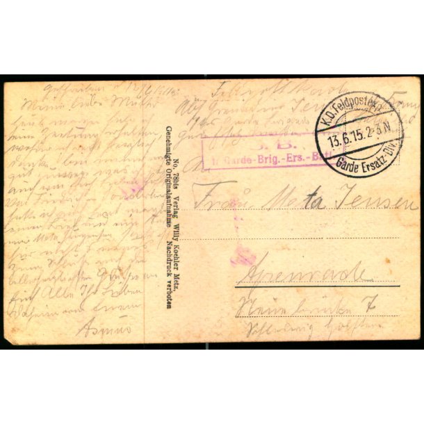 Feldpost - K.D. Feldpostxped.   13 -6 -15 - Til Apenrade - Billedside : Savonnire