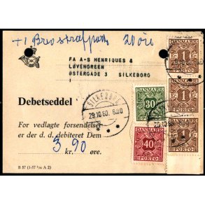 Efterporto - Debetseddel Silkeborg 29 - 10 - 60 -  3 kr. 90 re + 1 brev Strafporto 20 re