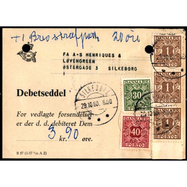 Efterporto - Debetseddel Silkeborg 29 - 10 - 60 -  3 kr. 90 re + 1 brev Strafporto 20 re