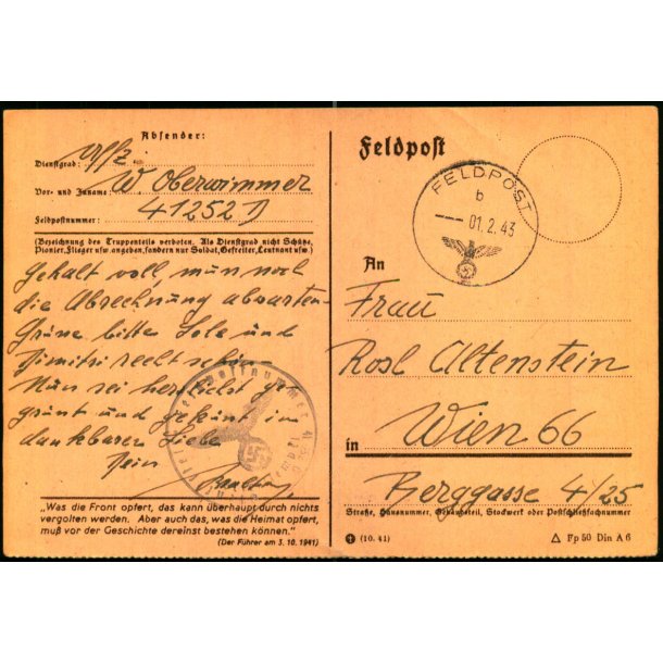 Feldpostkort - Feldpoststempel  1 - 2 - 43 - Til Wien 66 - Censur
