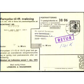 Postkvitering - Fornyelse til 49. trkning - Retur 27 - 11 - 71 -  Brugt