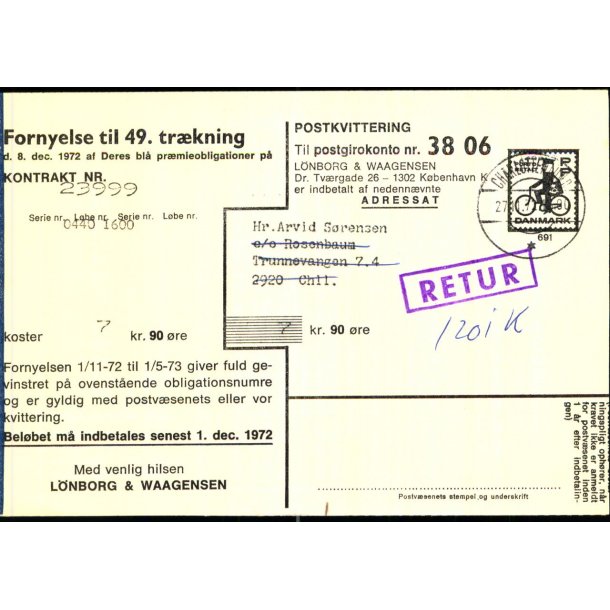 Postkvitering - Fornyelse til 49. trkning - Retur 27 - 11 - 71 -  Brugt