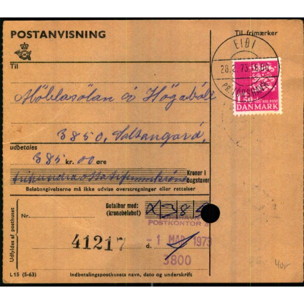 Postanvisning fra Eidi - Frerne -   28 - 2 - 73 - 