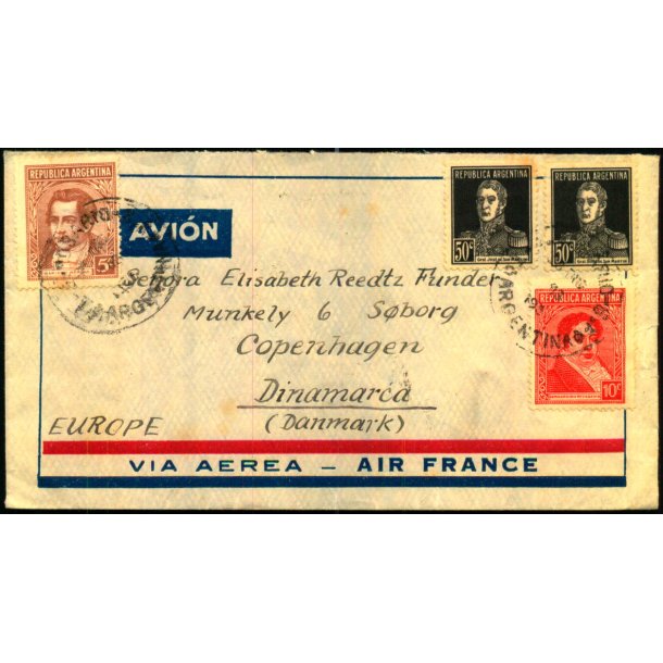 Luftpost Brev fra Argentina til Danmark - 29 - 12 - 1935 - Mange stempler p bagsiden !