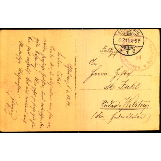 Feldtpost - Schleswig  8 - 12 - 14 - Til Wilstrup  - Forside : Schleswig