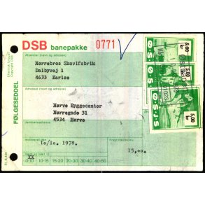 Banepakke DSB/.S.J.S.  - Flgeseddel - 10 - 10 - 78 - 3x5,00 Kr. - Stemplet