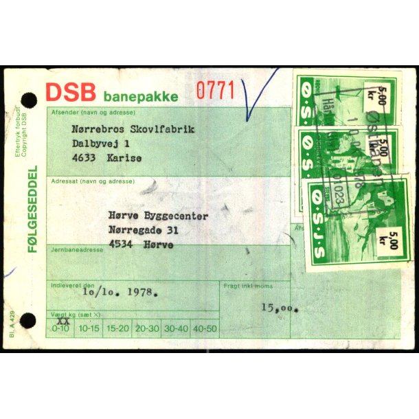 Banepakke DSB/.S.J.S.  - Flgeseddel - 10 - 10 - 78 - 3x5,00 Kr. - Stemplet