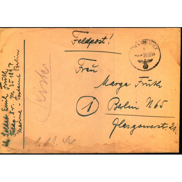 Tysk Feldpostbrev - Feldpoststempel 28 - 10 - 44 - Feldpost No. 35189 P - Til Berlin