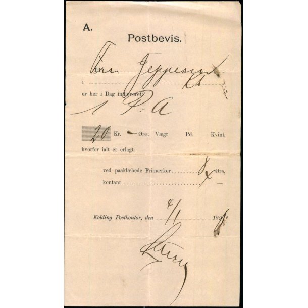Postbevis - P. A.  - Kolding 4 - 1 - 1898