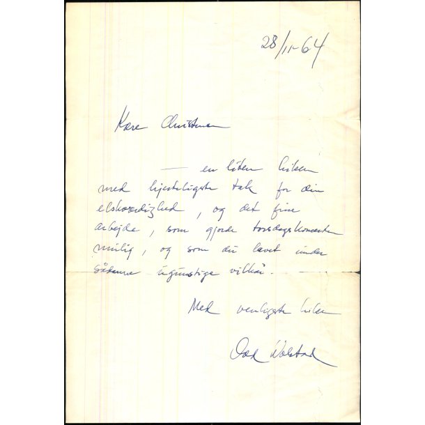 Autograf - Brev fra Skuespiller  Ood Wolstad - 1964