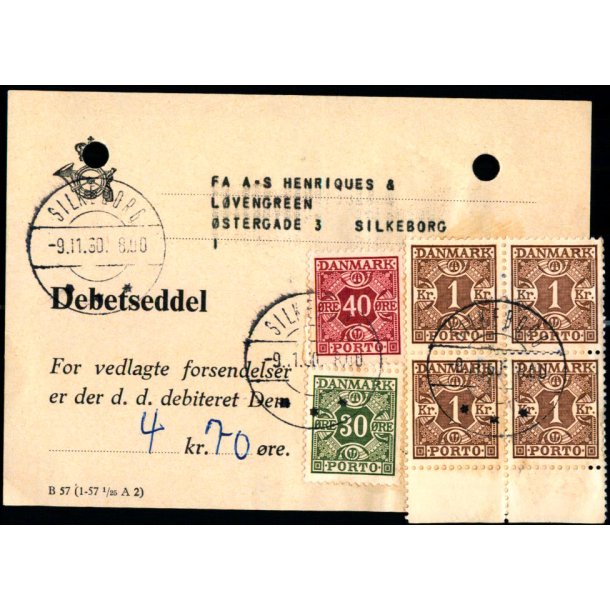 Efterporto - Debetseddel Silkeborg 9 - 11- 60 -  4 kr. 70 re - Arkivhuller!