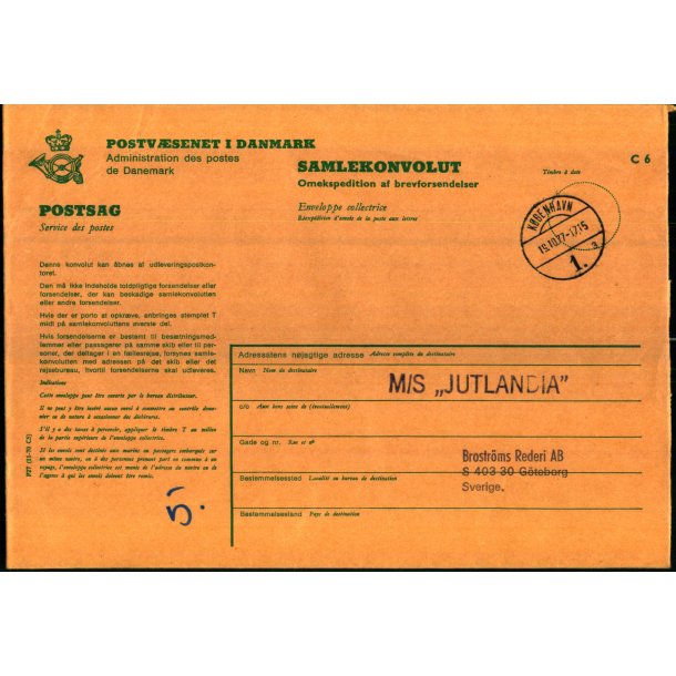 Samlekuvert - M/S Jutlandia 19 - 10 - 77 - Gteborg - Sverige