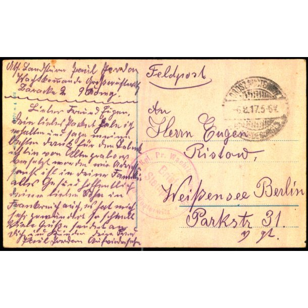 Feldtpost - 6 - 8- 17 - Til Berlin  - Forside : Gross Wusterwitz