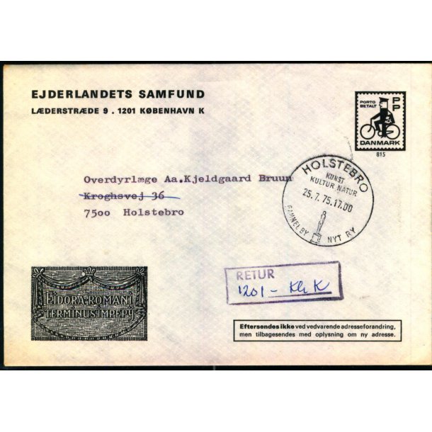 Brev til Holstebro 25 - 7 75  - Retur   - Ny adresse - Brugt