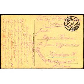 Feldpost - Lahr  14 -9 - 15  - Til Kbenhavn W. - Billedside : Lahr.