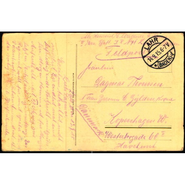 Feldpost - Lahr  14 -9 - 15  - Til Kbenhavn W. - Billedside : Lahr.