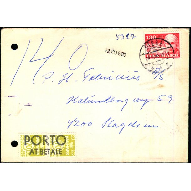 Efterporto - Brev fra Stege til Slagelse 22 - Maj 1980 - Efterporto 140 re.